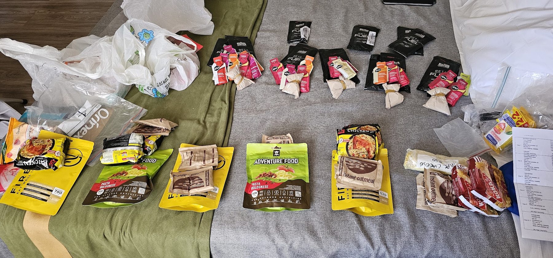 Multi-day race nutrition laid out: gels, dehydrated meals, oatmeal, hand-written daily plan